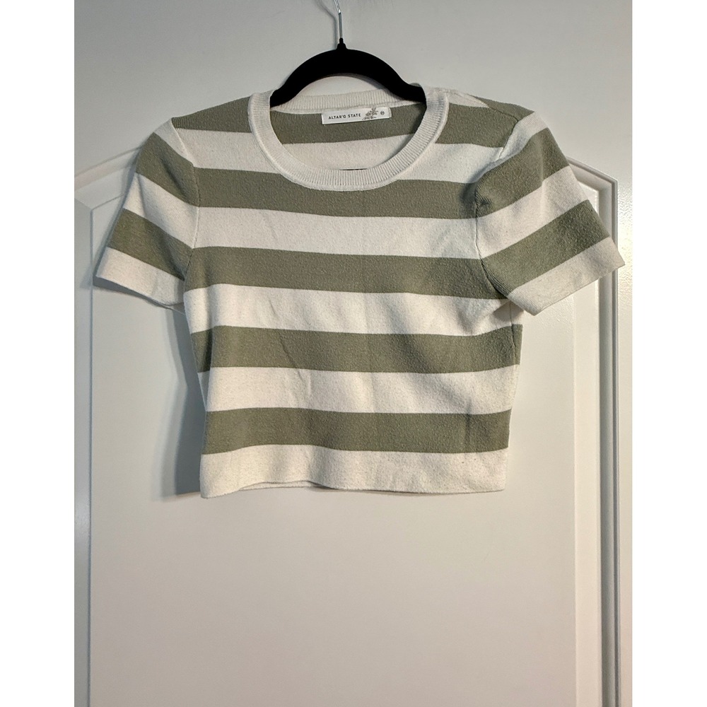 Altar'd State Cropped Sweater M Sage Green White Striped Short Sleeve Preppy